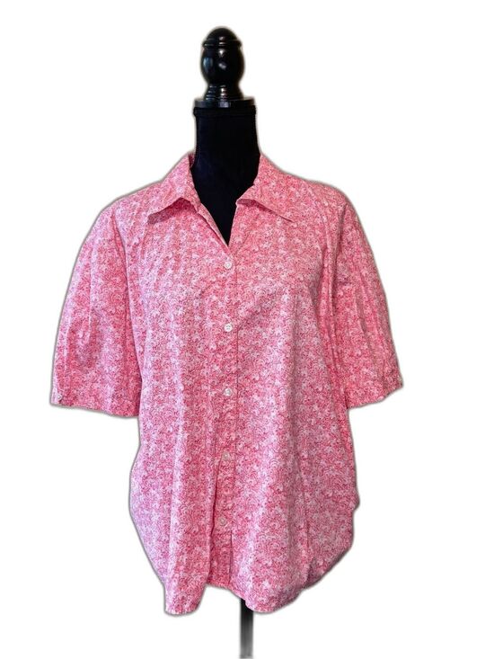 Eddie Bauer Tops - Eddie Bauer Pink White Floral Button Down Blouse Short Sleeve Top Plus Size XXL